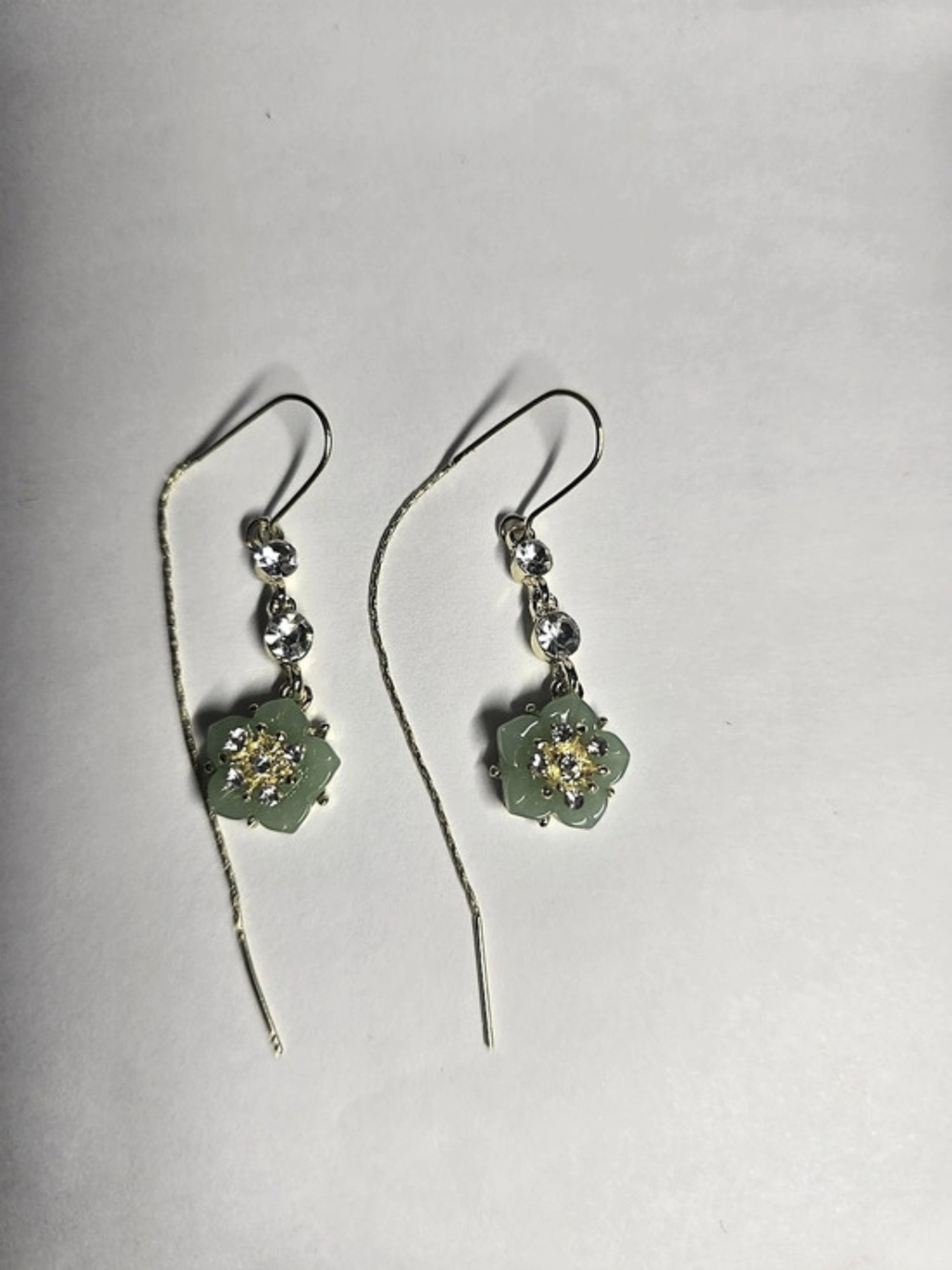 Green Flower Rhinestone Gold Tone Threader Dangle Earrings Long Drop Jewelry